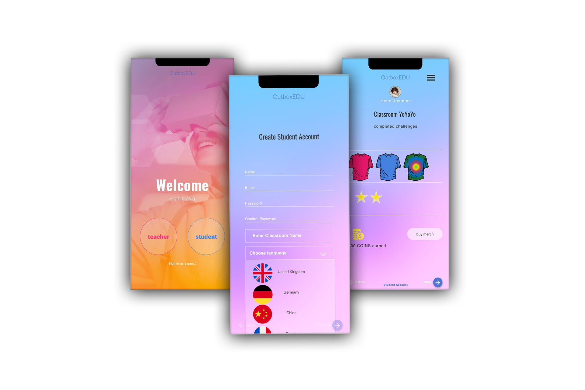 Skoolly mobile UI flow — Welcome, Create Student Account, and Classroom dashboard