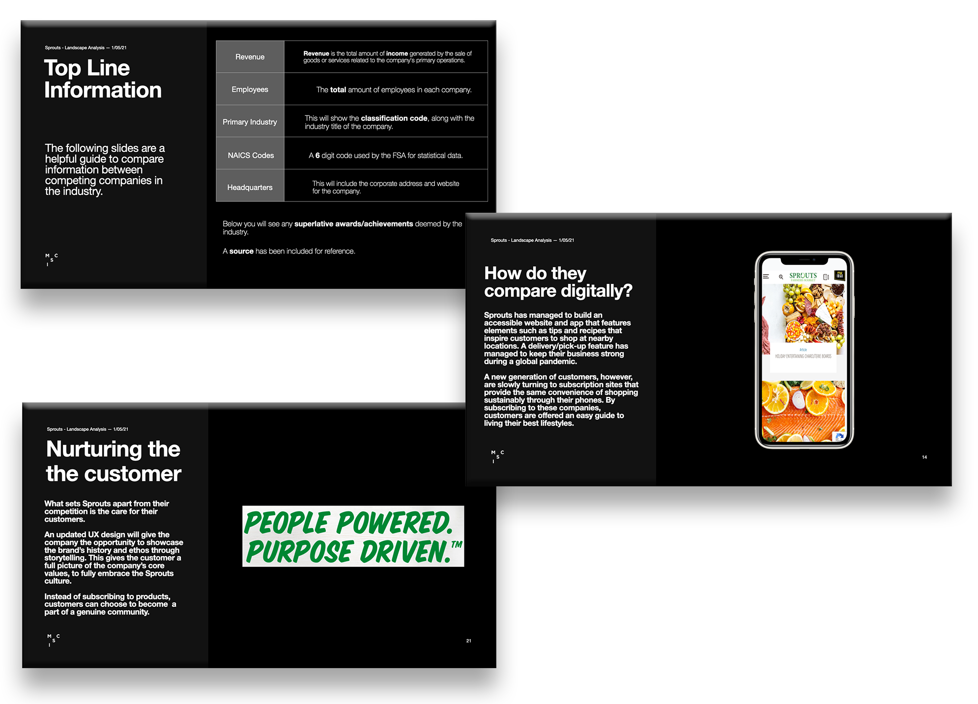 Pitch deck slides — top line information, digital comparison, and nurturing the customer